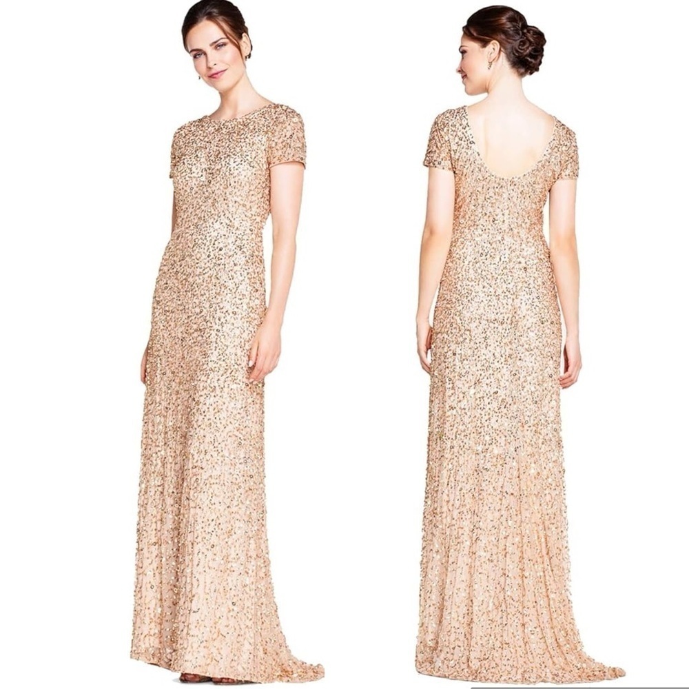 Adrianna Papell Gold Scoop Back Sequin Gown Sz16